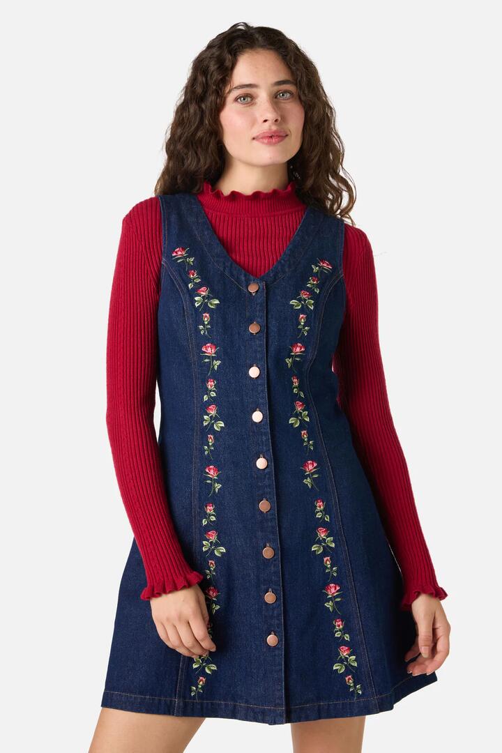 Image of Dresses. Productname: Roses Embroidered Pinafore in Blue Denim colour by brand - Princess Highway