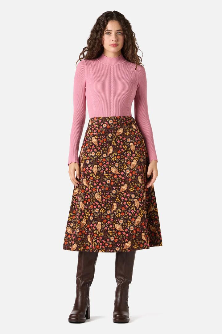 Image of a model wearing Skirts. Productname: Forest Owl Cord Midi Skirt in Chocolate colour by brand - Princess Highway