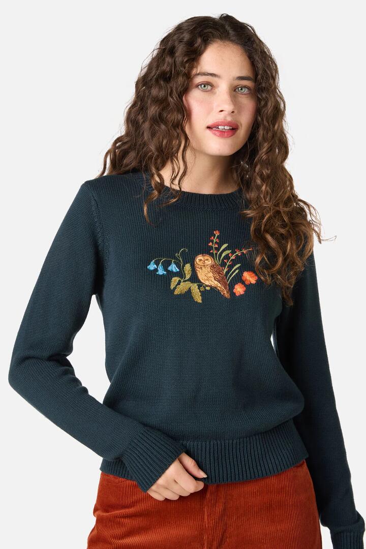 Image of a model wearing Outerwear. Productname: Owl Embroidered Jumper in Teal colour by brand - Princess Highway