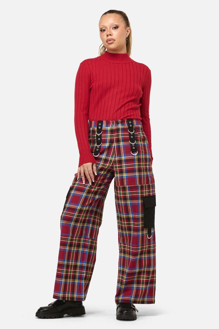 Image of a model wearing Pants. Productname: Crowned Tartan Cargo in Red colour by brand - Dangerfield