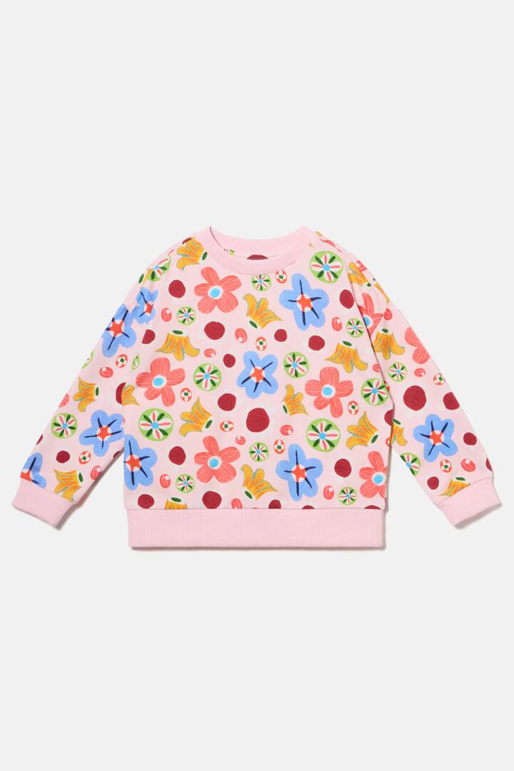 Image of a model wearing Outerwear. Product name - Spotty Floral Kids Sweater in Pink colour by brand - Gorman