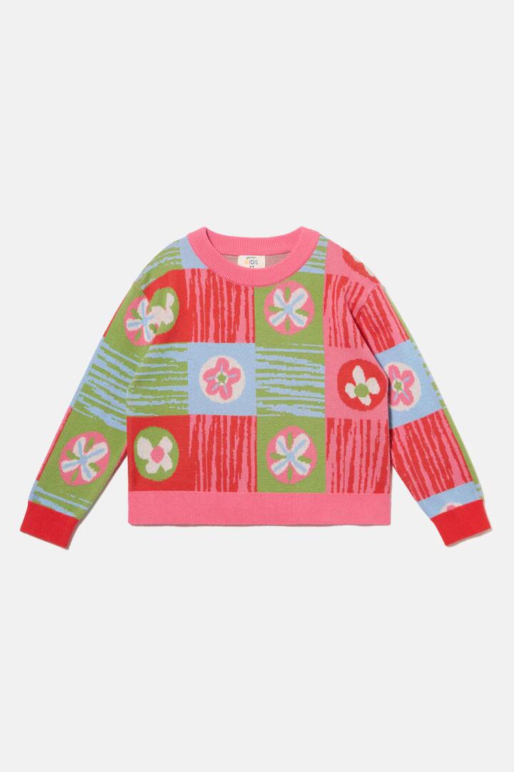 Image of a model wearing Tops. Product name - Framed Flowers Kids Knit Jumper in Multi colour by brand - Gorman