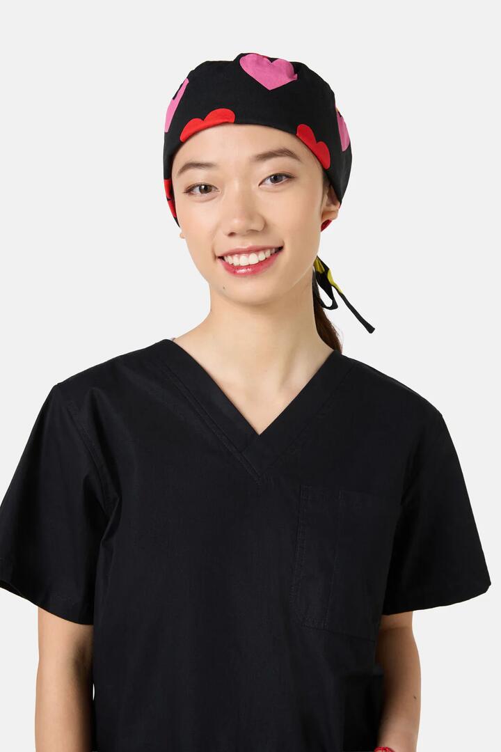 Image of Hats. Productname: Rainbow Hearts Scrub hat in Black colour by brand - Scrubs With Love