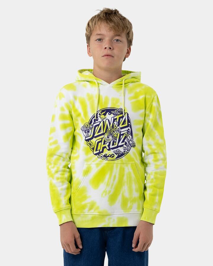 Image of a model wearing Outerwear. Product name - Santa Cruz Boys 8-16 Winkowski Dope Planet 2 Dot Mono Pullover Hoodie Lime Tie Dye in Lime Tie Dye colour by brand - Santa Cruz