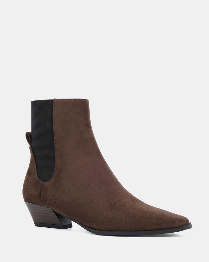 Image of Boots. Product name - Desta Espresso Suede Vegan Boots in Espresso Suede colour by brand - Novo