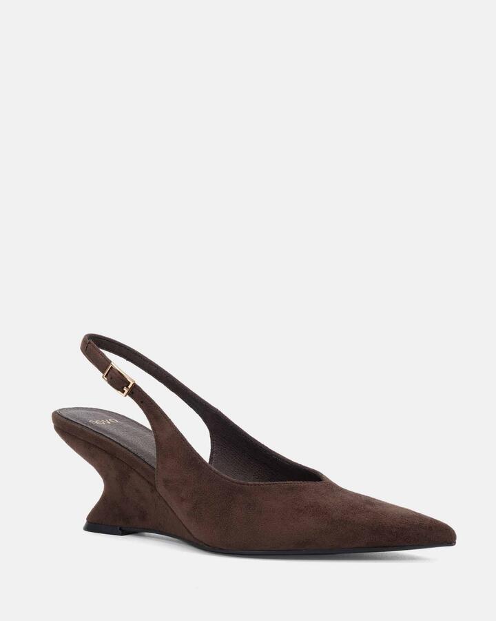 Image of Heels. Product name - Woodrow Espresso Suede Vegan Heels in Espresso Suede colour by brand - Novo