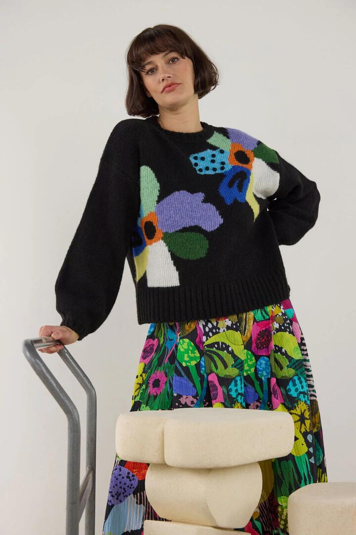 Image of a model wearing Outerwear. Product name - Electric Eden Jumper in Multi colour by brand - Gorman