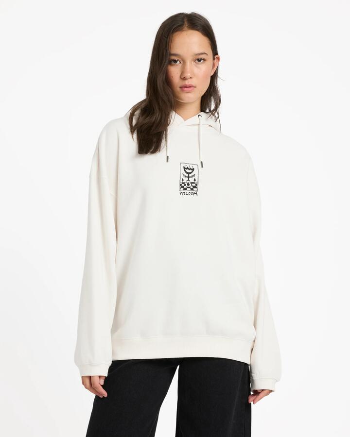Image of a model wearing Outerwear. Product name - Volcom Womens Radical Daze Up Pullover Hoodie Off White in Off White colour by brand - Volcom
