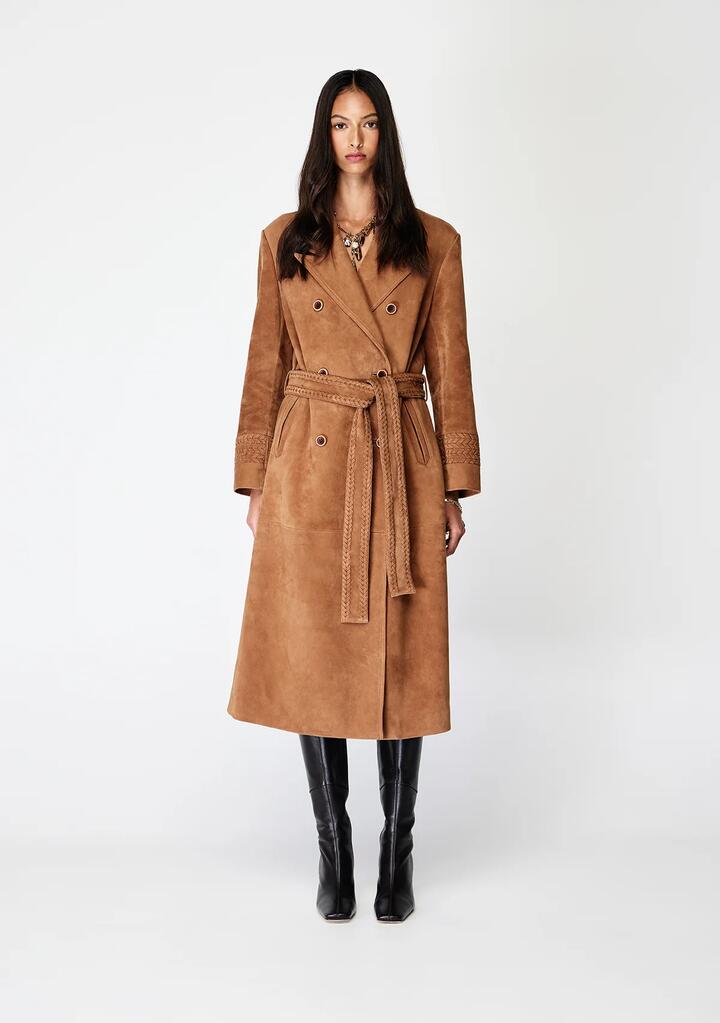 Image of a model wearing Outerwear. Productname: Nola Suede Coat | MOS The Label in Toffee colour by brand - MOS The Label
