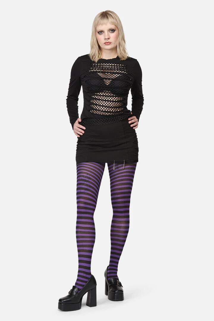 Image of Lingerie. Productname: Thin Stripe Tights in Purple/Black colour by brand - Dangerfield
