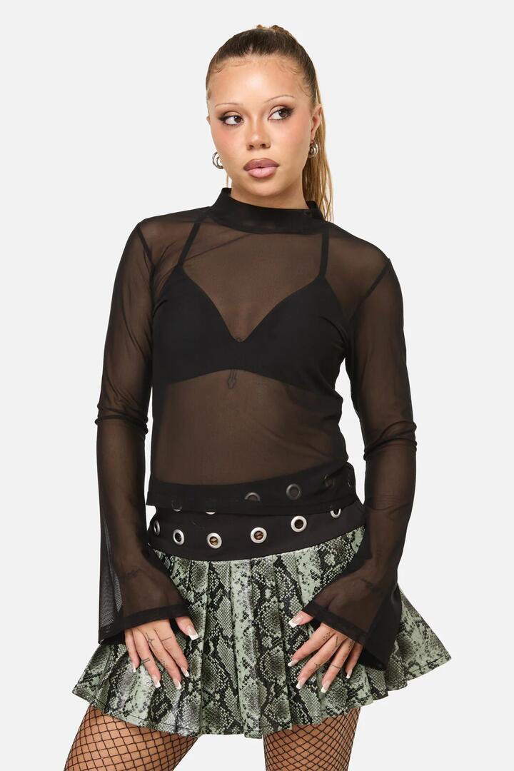 Image of a model wearing Tops. Productname: Sigil Mesh LS Top in Black colour by brand - Dangerfield