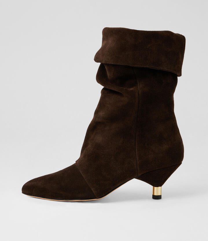 Image of Boots. Product name - Ines Choc Suede Calf Boots in Choc colour by brand - MOLLINI