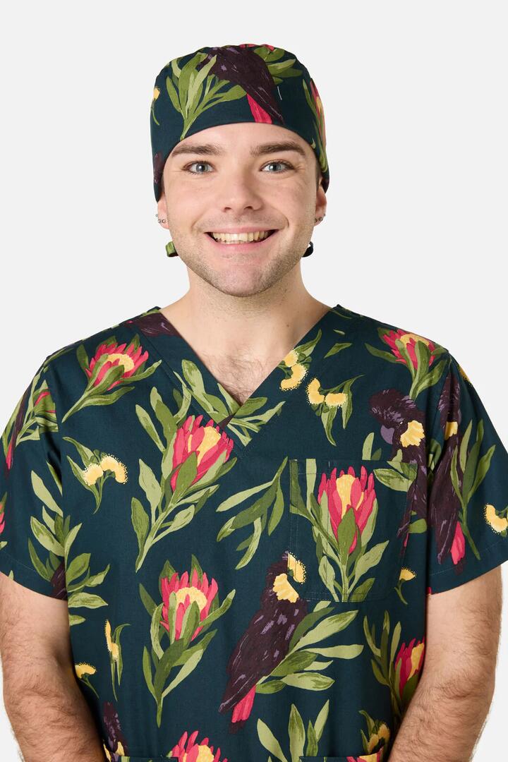 Image of Hats. Productname: Cockatoo & Protea Scrub Hat in Teal colour by brand - Scrubs With Love