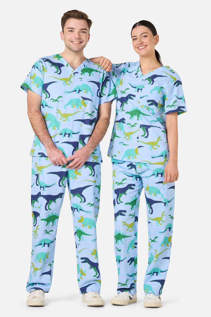 Image of a model wearing Uniforms & Workwear. Productname: Dino Pod Scrub Set in Blue colour by brand - Scrubs With Love