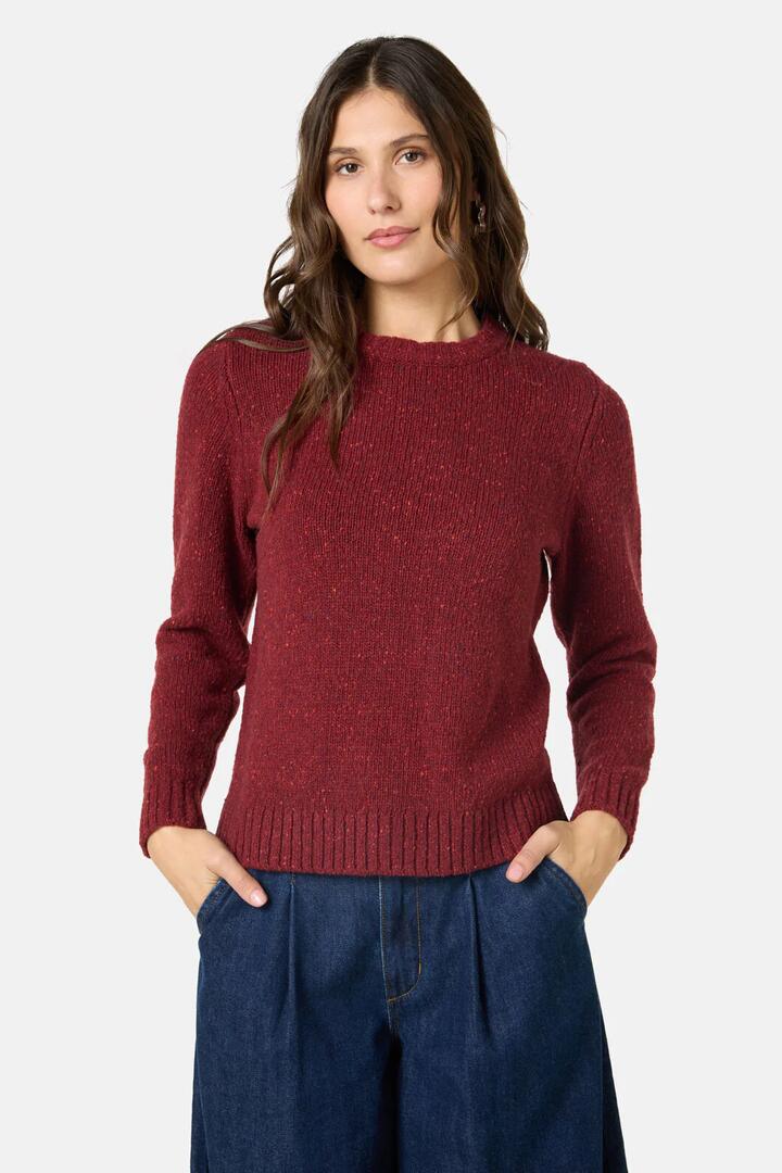 Image of a model wearing Outerwear. Product name - Catalina Jumper in Maroon colour by brand - Gorman