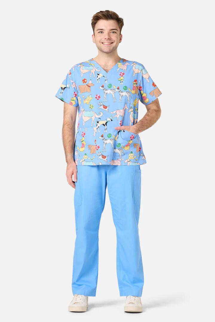 Image of a model wearing Uniforms & Workwear. Product name - Dog Picnic Top & Pant Scrub Set in Blue colour by brand - Gorman