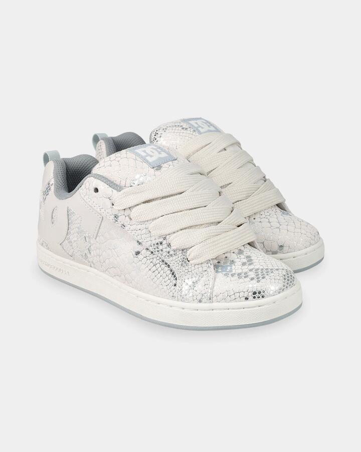 Image of Shoes. Product name - DC Shoes Womens Court Graffik Skate Shoes Lily White/Grey/Metallic Silve in Lily White/Grey/Metallic Silve colour by brand - DC Shoes