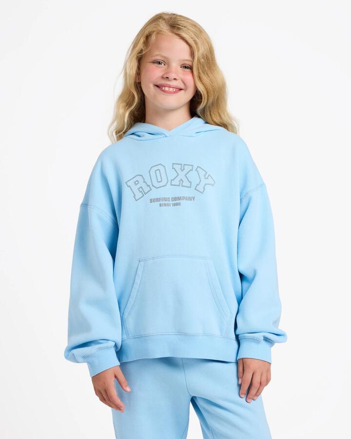 Image of a model wearing Outerwear. Product name - Roxy Girls 4-16 Rg Endless Days Pullover Hoodie Sky Blue in Sky Blue colour by brand - Roxy