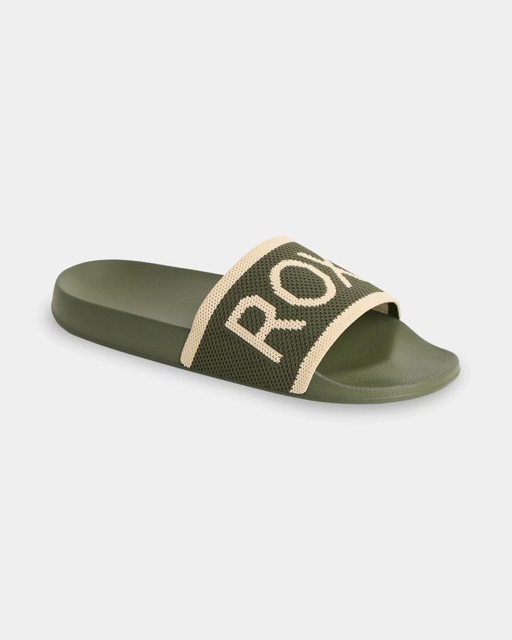 Image of Slippers. Product name - Roxy Womens Slippy Knit Slides Winter Moss in Winter Moss colour by brand - Roxy