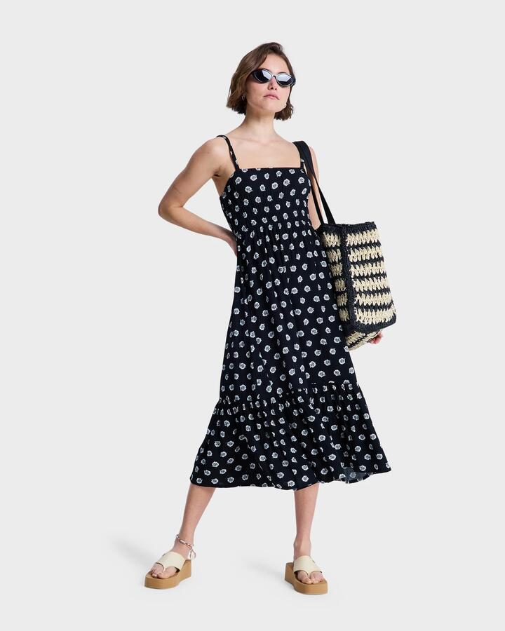 Image of Dresses. Product name - Roxy Womens Sunrise Coast Midi Dress Anthracite Hibiscus Dots in Anthracite Hibiscus Dots colour by brand - Roxy