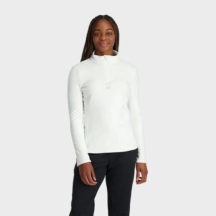 Image of a model wearing Outerwear. Product name - Spyder Womens Shimmer Bug 1/2 Zip Jumper White in White colour by brand - Spyder