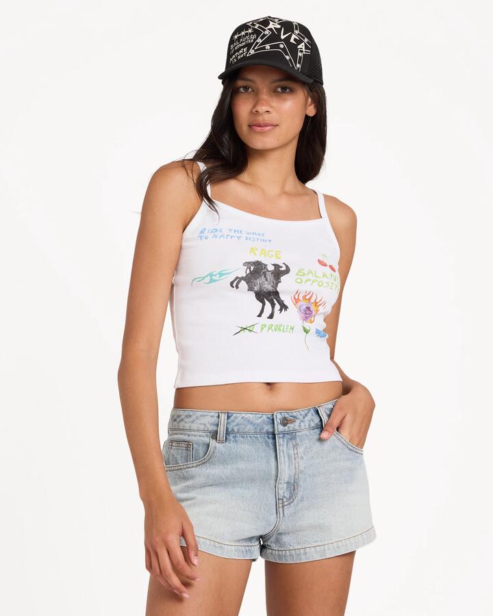 Image of a model wearing Tops. Product name - Rvca Womens Dani Miller Strappy Tank Top White in White colour by brand - Rvca