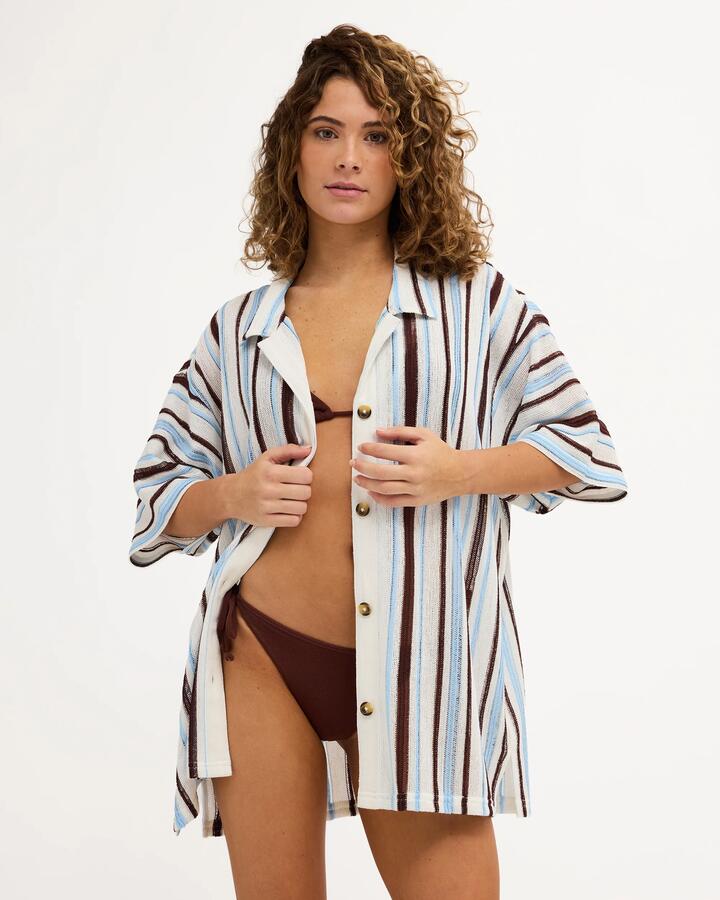 Image of a model wearing Tops. Product name - Roxy Womens Paradiso Knitted Short Sleeve Shirt Cerulean Paradiso Stripe in Cerulean Paradiso Stripe colour by brand - Roxy