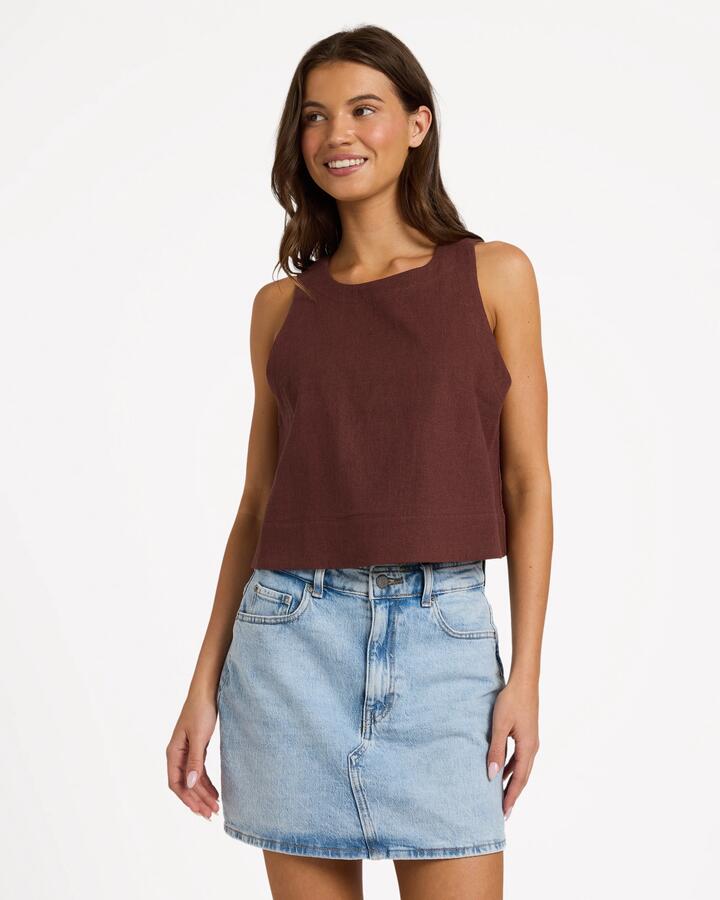 Image of a model wearing Tops. Product name - Roxy Womens Amor Tank Top Java in Java colour by brand - Roxy