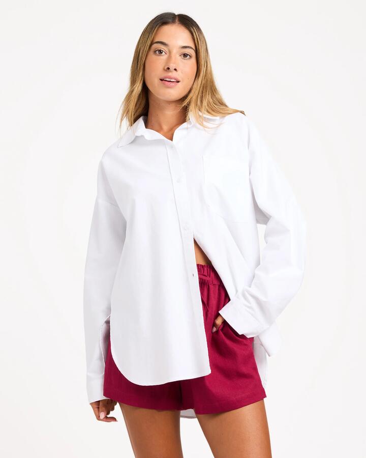 Image of a model wearing Tops. Product name - Roxy Womens Alltime Long Sleeve Shirt White in White colour by brand - Roxy