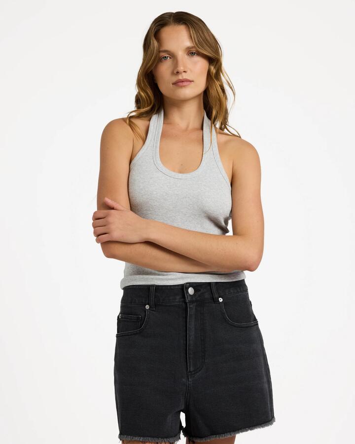 Image of a model wearing Tops. Product name - Roxy Womens Base Rib Halter Tank Top Grey Marle in Grey Marle colour by brand - Roxy