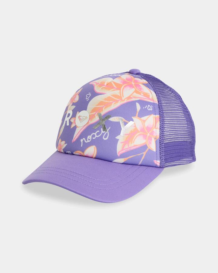 Image of Hats. Product name - Roxy Girls 2-7 Sweet Emotions Trucker Cap Dahlia Purple Plumeria Love in Dahlia Purple Plumeria Love colour by brand - Roxy