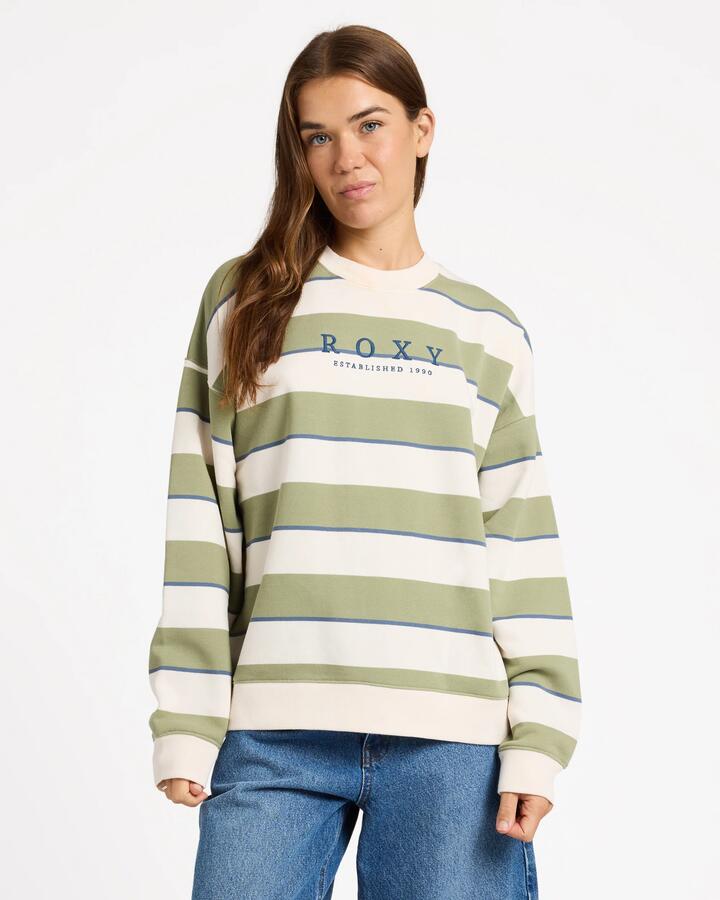 Image of Personal Care. Product name - Roxy Womens Strictly Stripe Crew Neck Oil Green in Oil Green colour by brand - Roxy