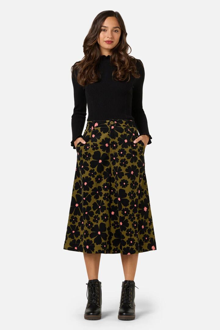 Image of a model wearing Pants. Productname: Donna Flower Cord Culotte in Olive colour by brand - Princess Highway