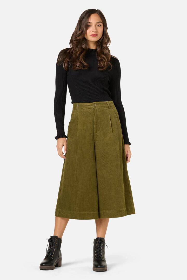 Image of a model wearing Pants. Productname: Adeline Cord Culotte in Chocolate colour by brand - Princess Highway