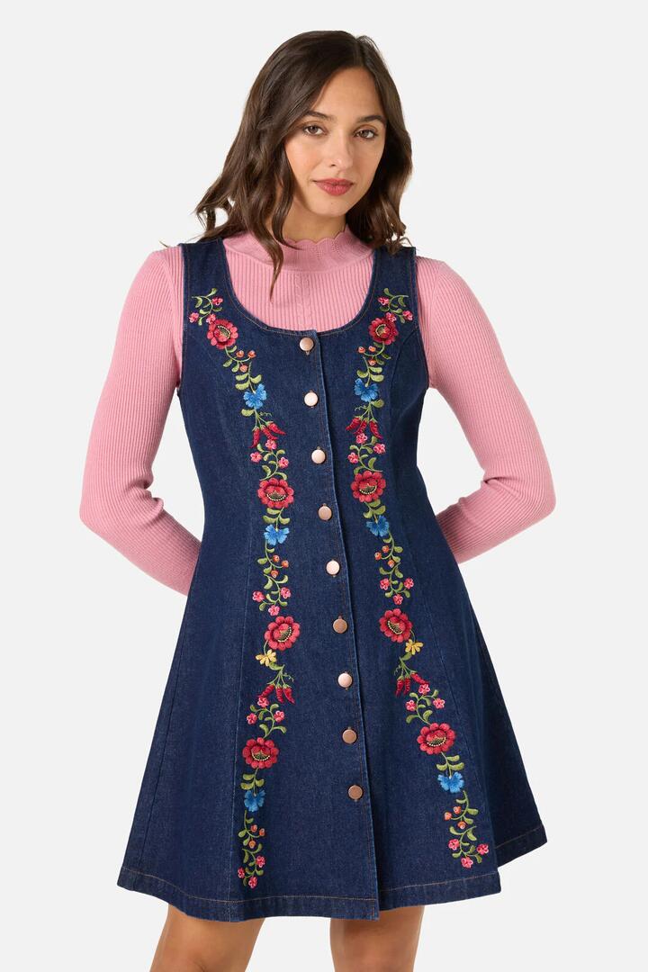 Image of Dresses. Productname: Joelle Embroidered Pinafore in Blue Denim colour by brand - Princess Highway