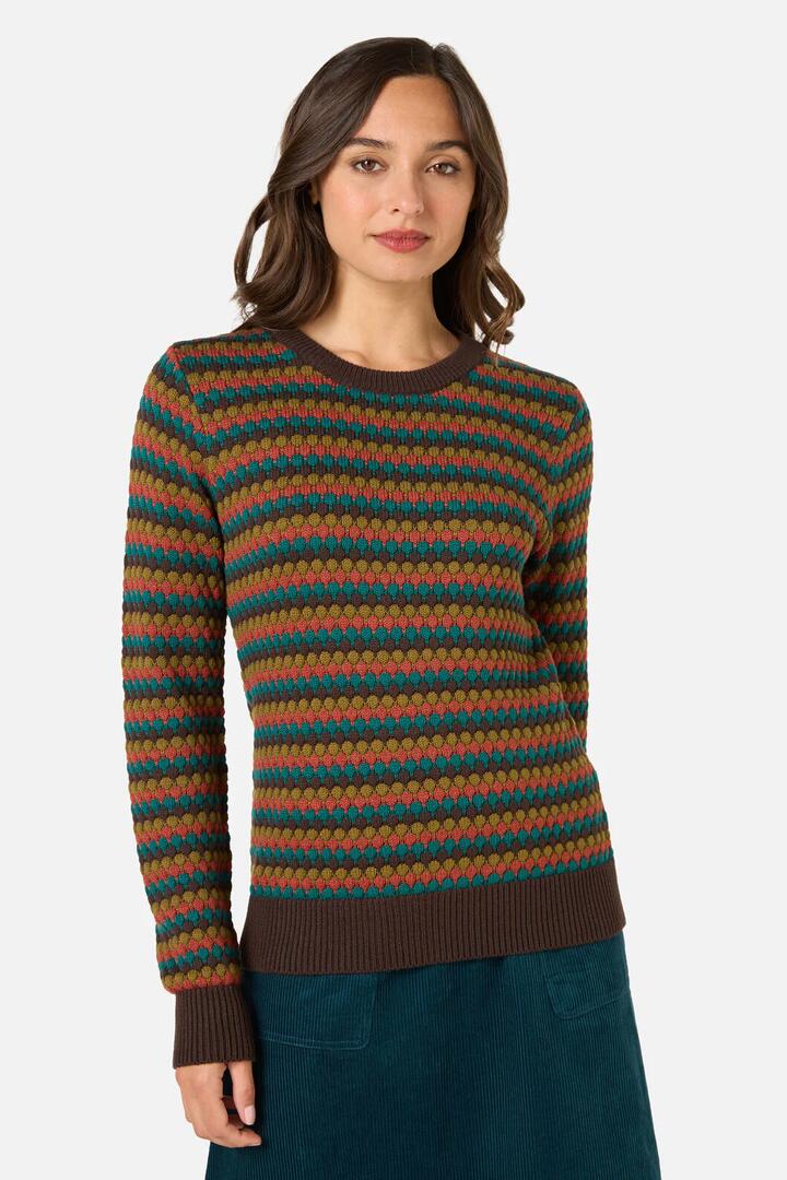 Image of a model wearing Outerwear. Productname: Kiki Stripe Knit Jumper in Multi colour by brand - Princess Highway
