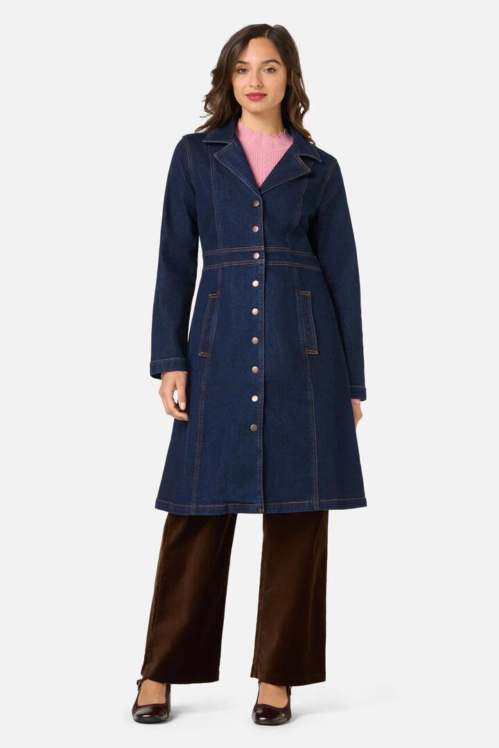 Image of Coats & Jackets. Productname: Louise Long Denim Jacket in Dark Denim colour by brand - Princess Highway