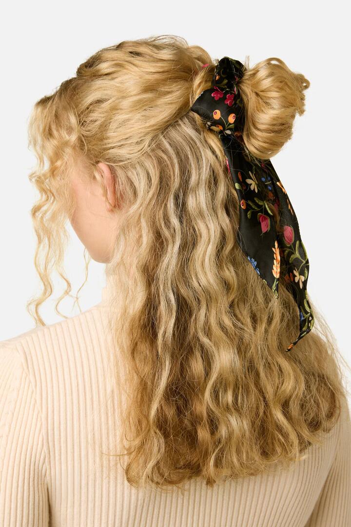 Image of Hair Accessories. Productname: Joelle Floral Scarf Scrunchie in Black colour by brand - Princess Highway