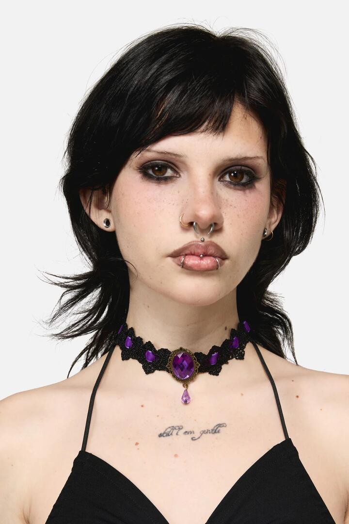 Image of Jewelry. Productname: Ribbon & Lace Choker in Purple/Black colour by brand - Dangerfield