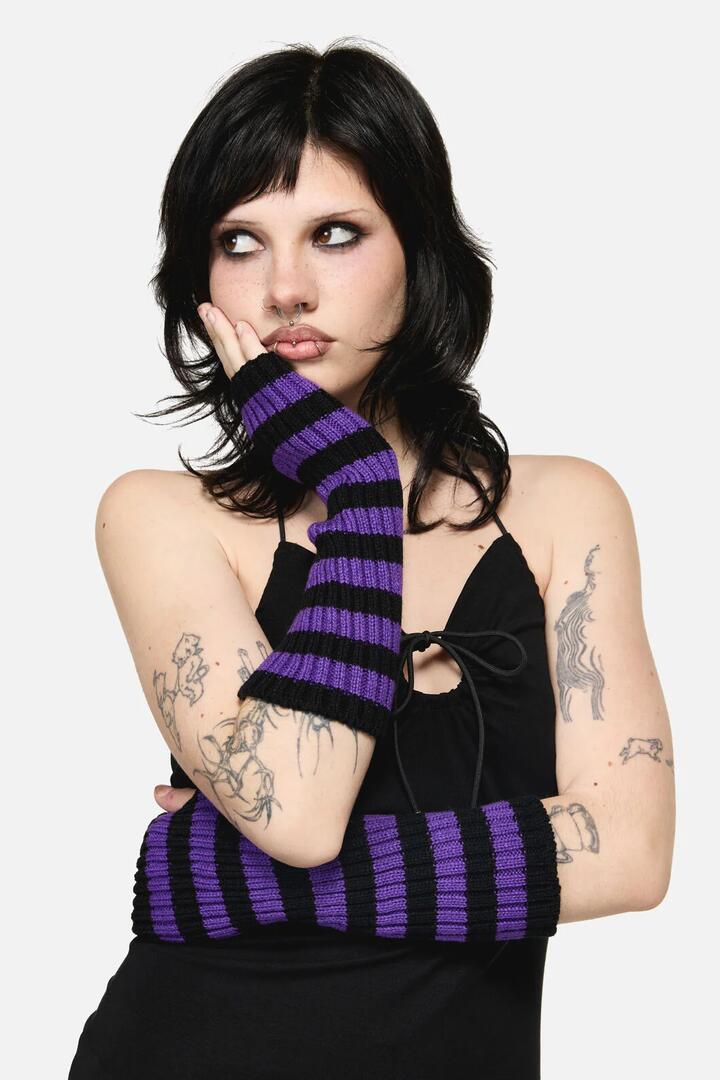 Image of Gloves & Mittens. Productname: Long Striped Rib Fingerless Gloves in Purple/Black colour by brand - Dangerfield