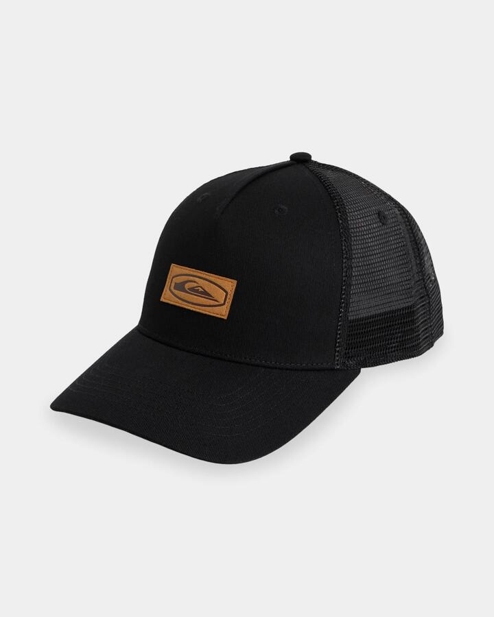 Image of Hats. Product name - Quiksilver Mens Decades Cotton Patch Trucker Cap Black in Black colour by brand - Quiksilver