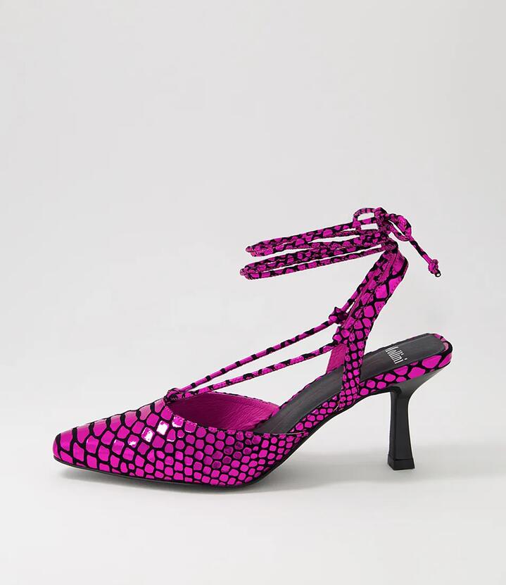Image of Heels. Product name - Augusty Fuchsia Metallic Snake Heels in Fuchsia Metallic colour by brand - MOLLINI