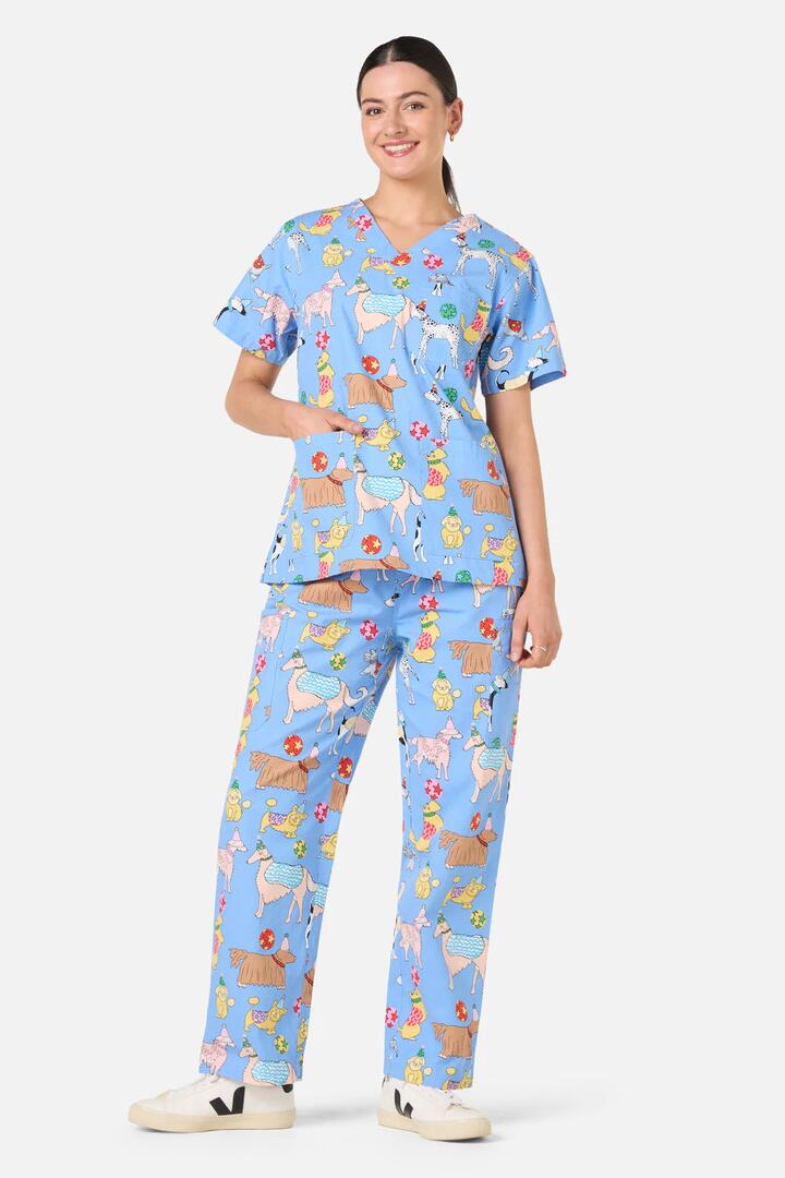 Image of a model wearing Uniforms & Workwear. Product name - Dog Picnic Scrub Set in Blue colour by brand - Gorman
