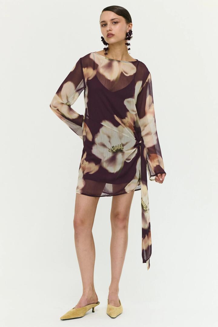 Image of Dresses. Product name - Lula Brown Floral Side Tie Sheer LS Mini Dress in Brown colour by brand - Staple The Label