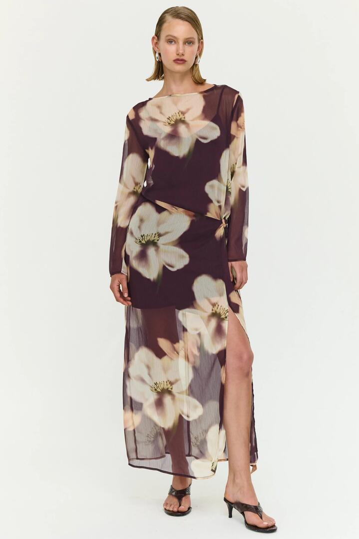 Image of Dresses. Product name - Lula Brown Floral Tie Detail LS Maxi Dress in Brown colour by brand - Staple The Label