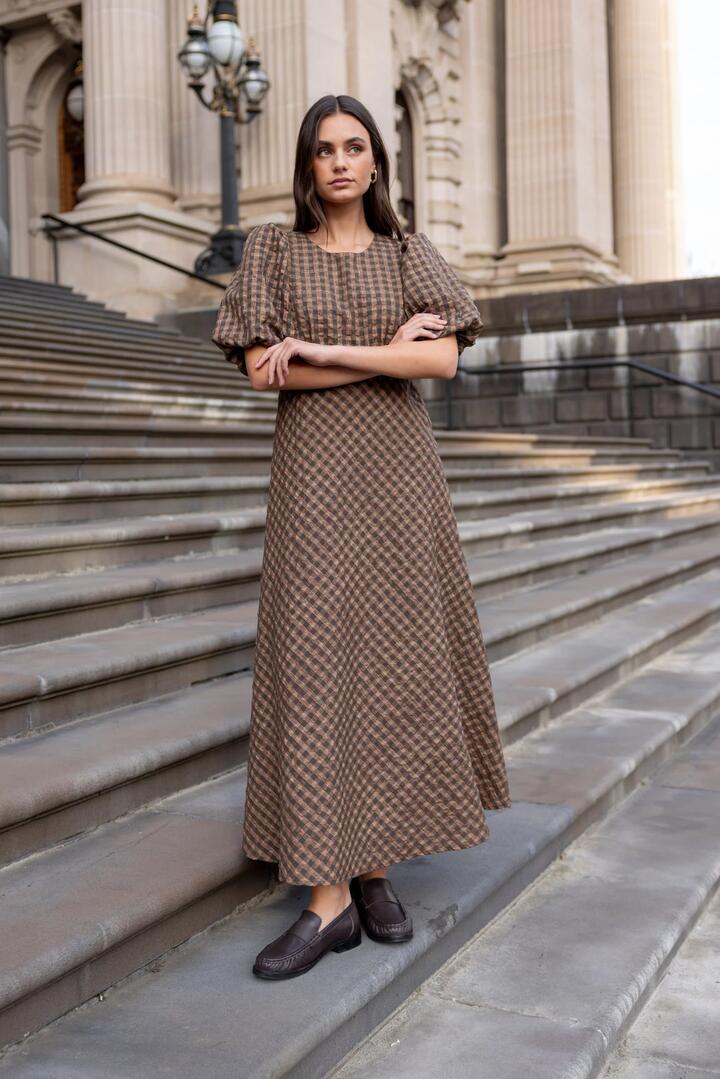 Image of Dresses. Product name - Encore Chocolate Caramel Check SS Bias Maxi Dress in Chocolate Caramel Check colour by brand - Stories be Told