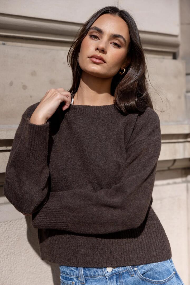 Image of a model wearing Outerwear. Product name - Veracious Chocolate Crewneck Relaxed Jumper in Chocolate colour by brand - Among the Brave