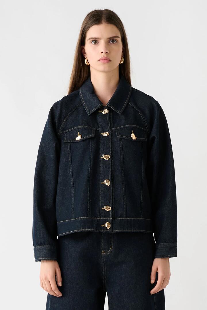 Image of Coats & Jackets. Product name - Memphis Dark Indigo Denim Gold Feature Button Denim Jacket in Blue colour by brand - Esmaee