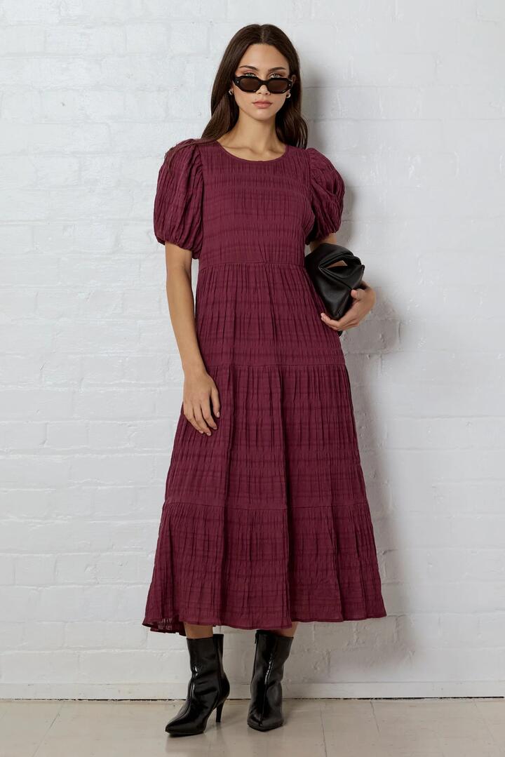 Image of Dresses. Product name - Graceful Burgundy Plum Shirred Cotton Bubble Short Sleeve Tiered Maxi Dress in Burgundy Plum colour by brand - Ivy + Jack