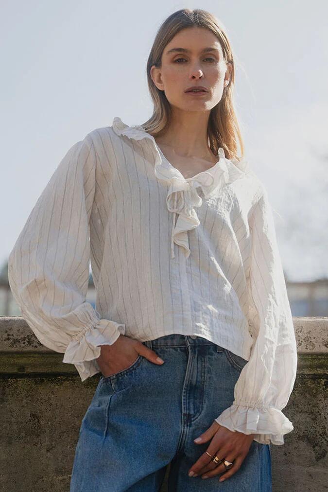 Image of a model wearing Tops. Product name - Decorate Ivory Black Stripe Frill Front Mid Sleeve Top in Ivory Black Stripe colour by brand - Ivy + Jack